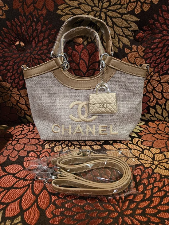 Beige Woven Tote with Gold Charm 2 Left - Picture 2 of 5